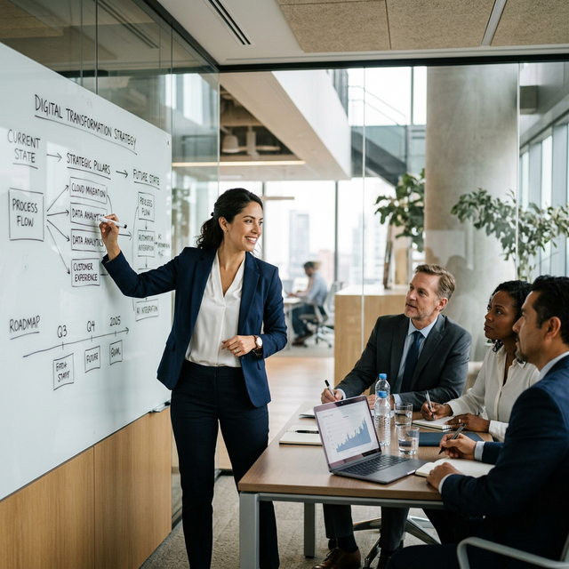 Consultora presentando estrategia de transformación digital